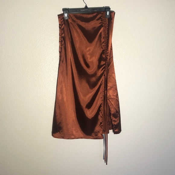 Cider Satin Brown Drawstring Midi Skirt - Picture 2 of 4